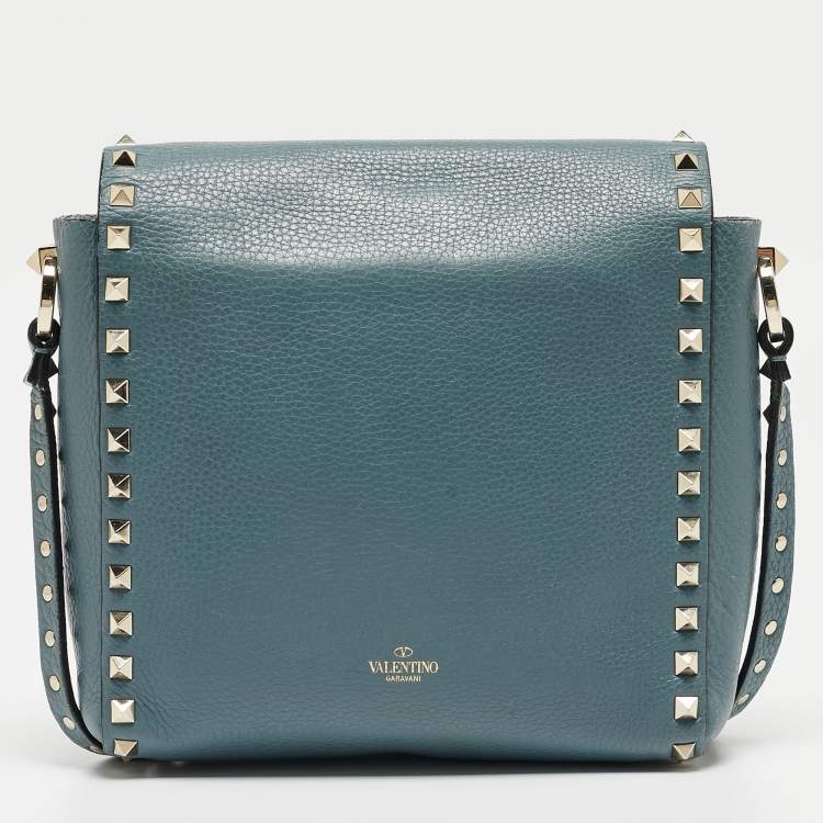 Pre Owned Valentino Blue Leather Rockstud Flip Lock Flap Messenger Bag