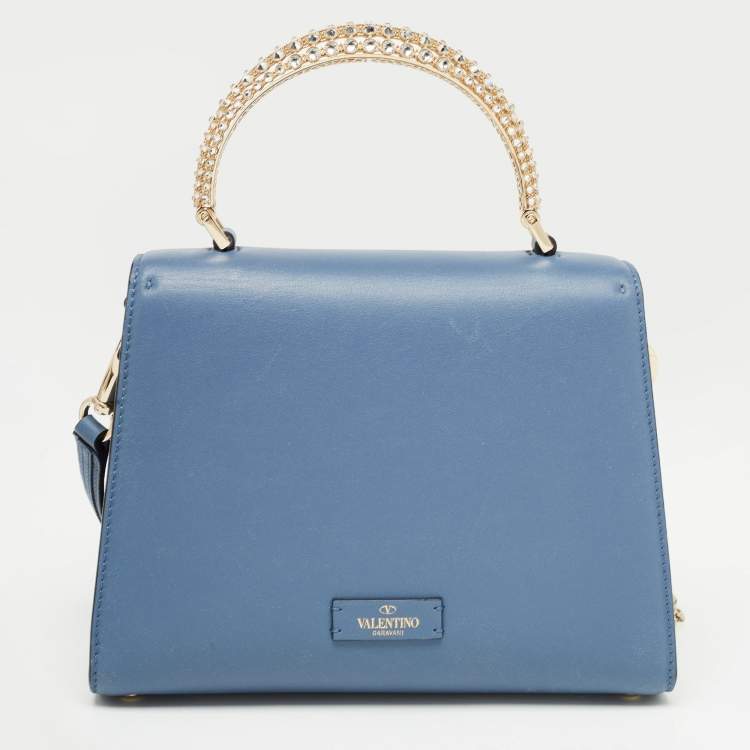 Pre Owned Valentino Light Blue Leather Small Jewel Embellished VSling Top Handle Bag