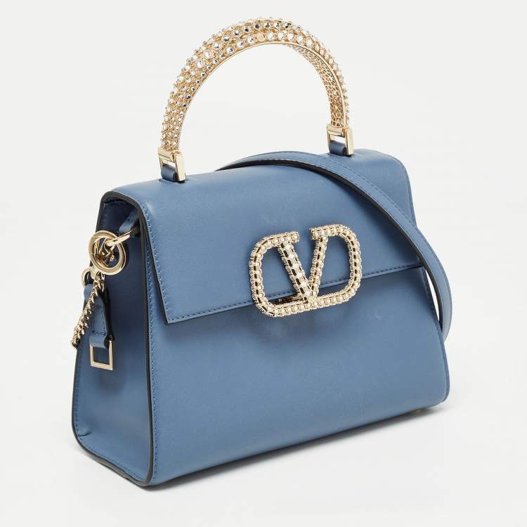 Pre Owned Valentino Light Blue Leather Small Jewel Embellished VSling Top Handle Bag