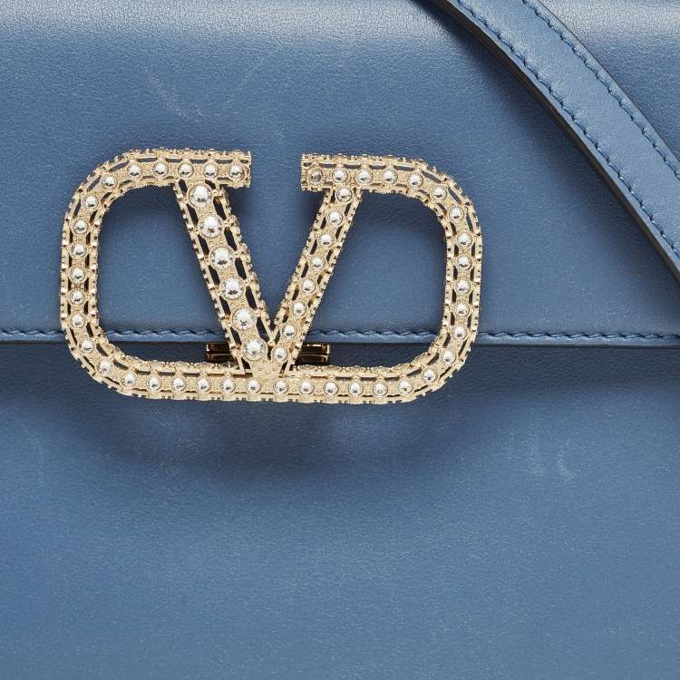 Pre Owned Valentino Light Blue Leather Small Jewel Embellished VSling Top Handle Bag
