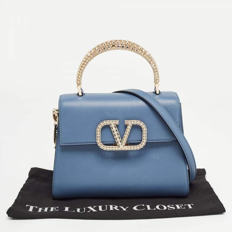 Pre Owned Valentino Light Blue Leather Small Jewel Embellished VSling Top Handle Bag