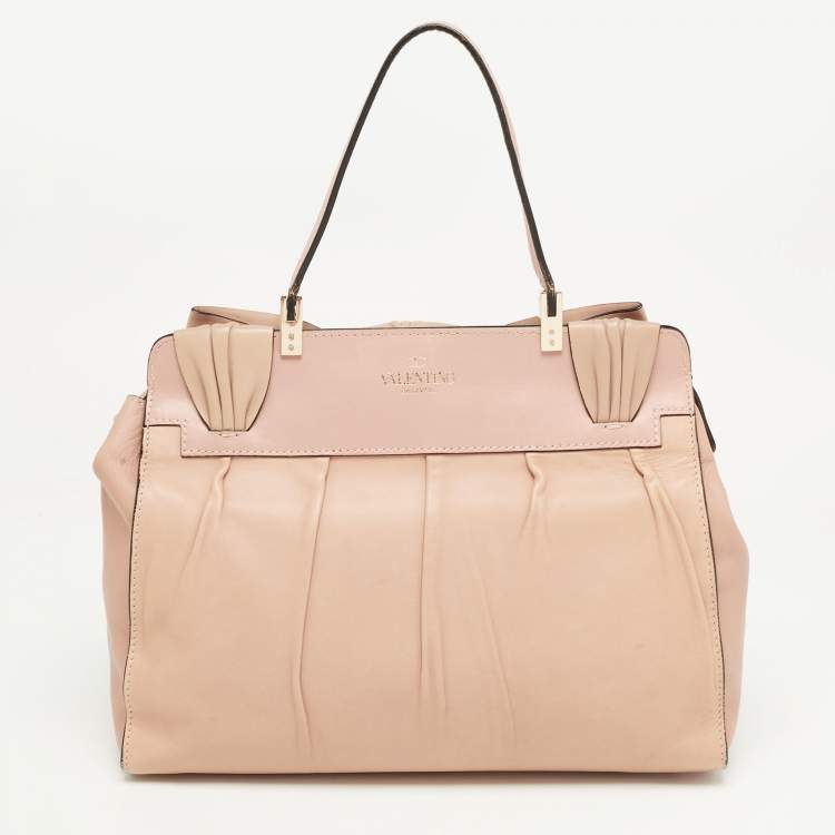 Pre Owned Valentino Light Pink/Beige Leather Aphrodite Bow Top Handle Bag