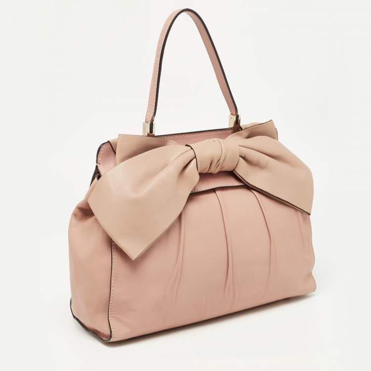 Pre Owned Valentino Light Pink/Beige Leather Aphrodite Bow Top Handle Bag