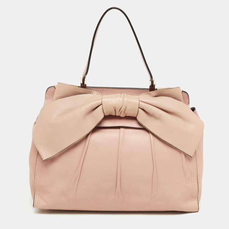 Pre Owned Valentino Light Pink/Beige Leather Aphrodite Bow Top Handle Bag