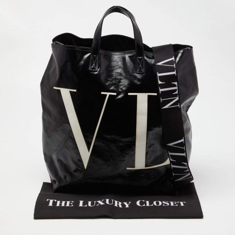 Pre Owned Valentino Black/White Coated Canvas VLTN Shopper Tote