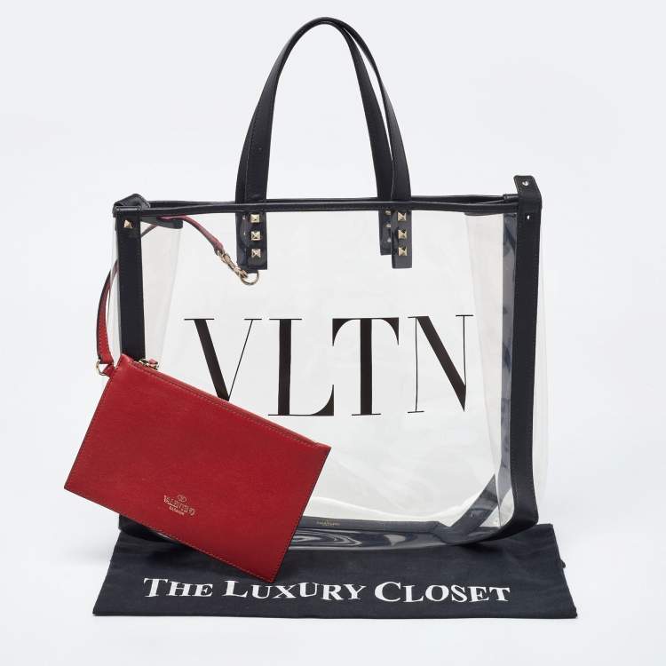 Pre Owned Valenitno Transparent/Black PVC and Leather VLTN Shopper Tote