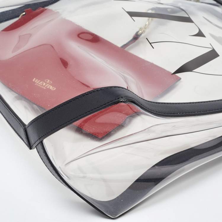 Pre Owned Valenitno Transparent/Black PVC and Leather VLTN Shopper Tote