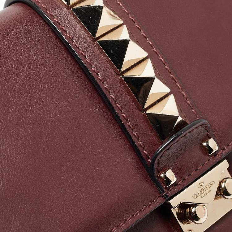 Pre Owned Valentino Burgundy Leather Medium Rockstud Glam Lock Flap Bag