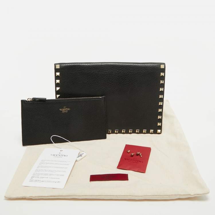 Pre Owned Valentino Black Leather Rockstud Flap Organizer Clutch