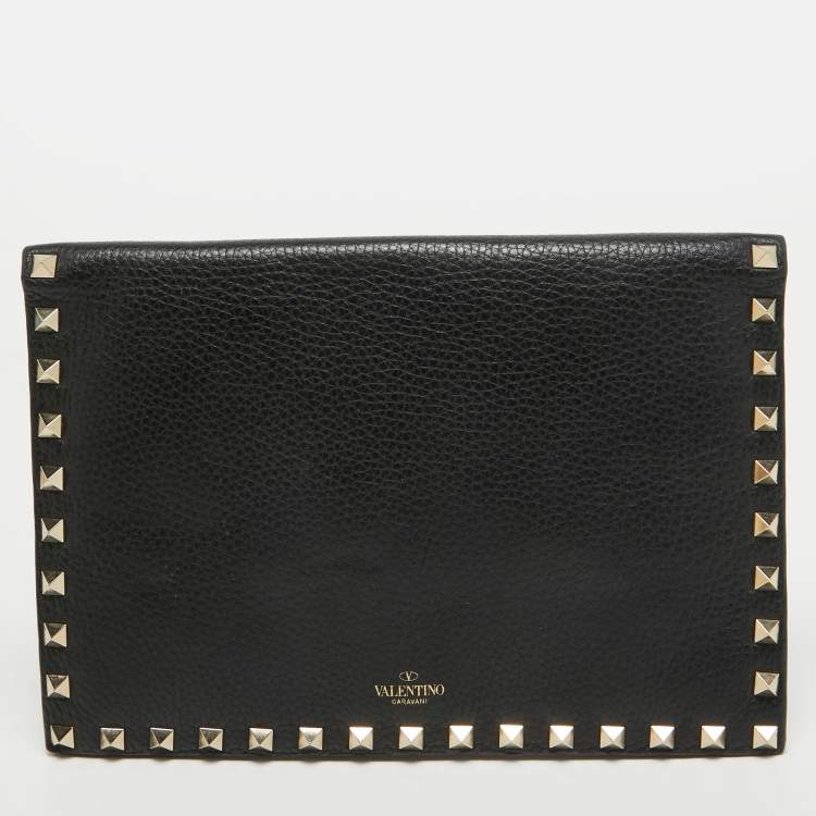 Pre Owned Valentino Black Leather Rockstud Flap Organizer Clutch