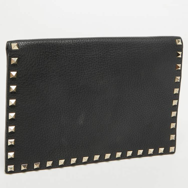 Pre Owned Valentino Black Leather Rockstud Flap Organizer Clutch