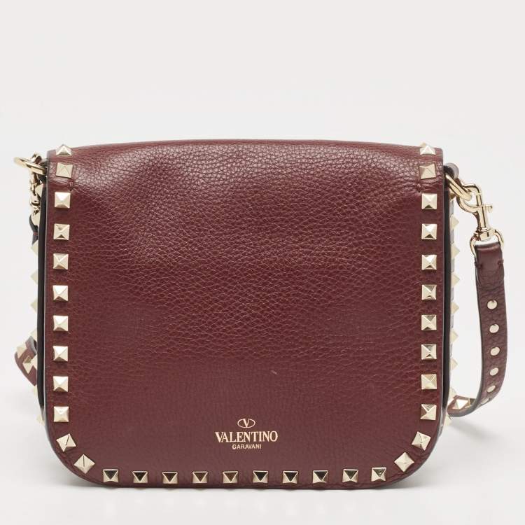 Pre Owned Valentino Burgundy Leather Rockstud Flap Crossbody Bag