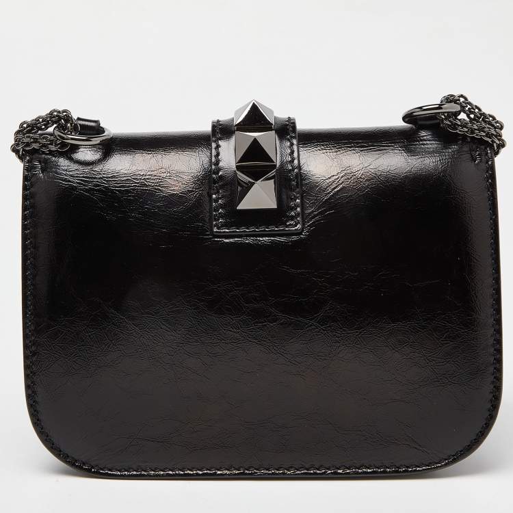 Pre Owned Valentino Black Leather Small Rockstud Glam Lock Flap Bag
