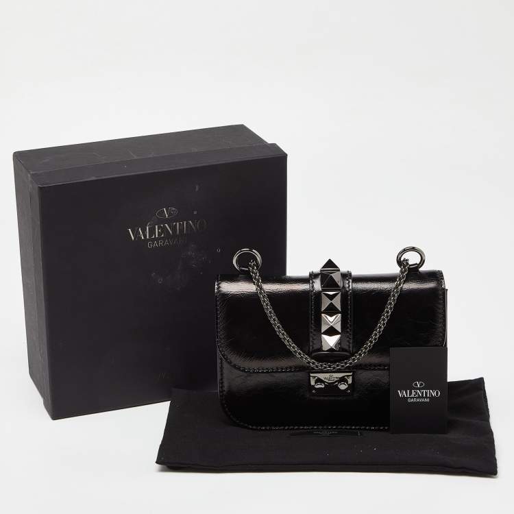 Pre Owned Valentino Black Leather Small Rockstud Glam Lock Flap Bag