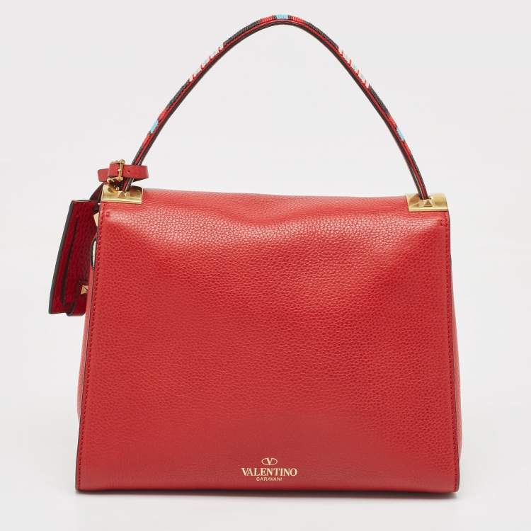 Pre Owned Valentino Red Leather My Rockstud Beaded Top Handle Bag