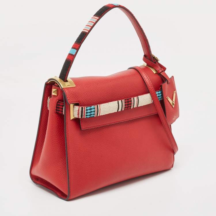 Pre Owned Valentino Red Leather My Rockstud Beaded Top Handle Bag