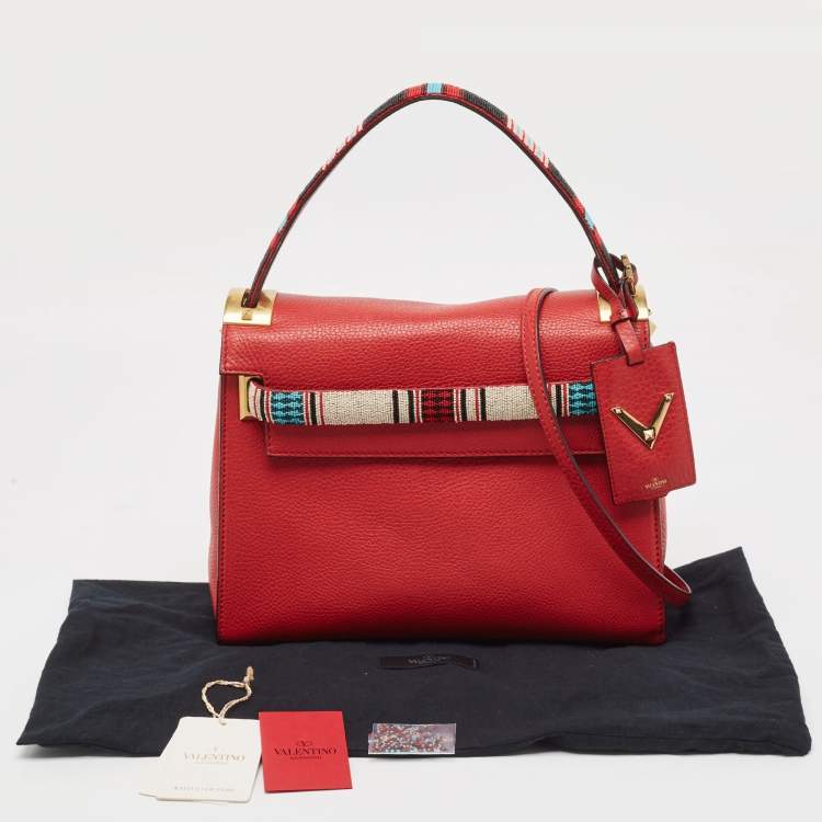 Pre Owned Valentino Red Leather My Rockstud Beaded Top Handle Bag