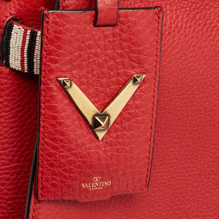 Pre Owned Valentino Red Leather My Rockstud Beaded Top Handle Bag