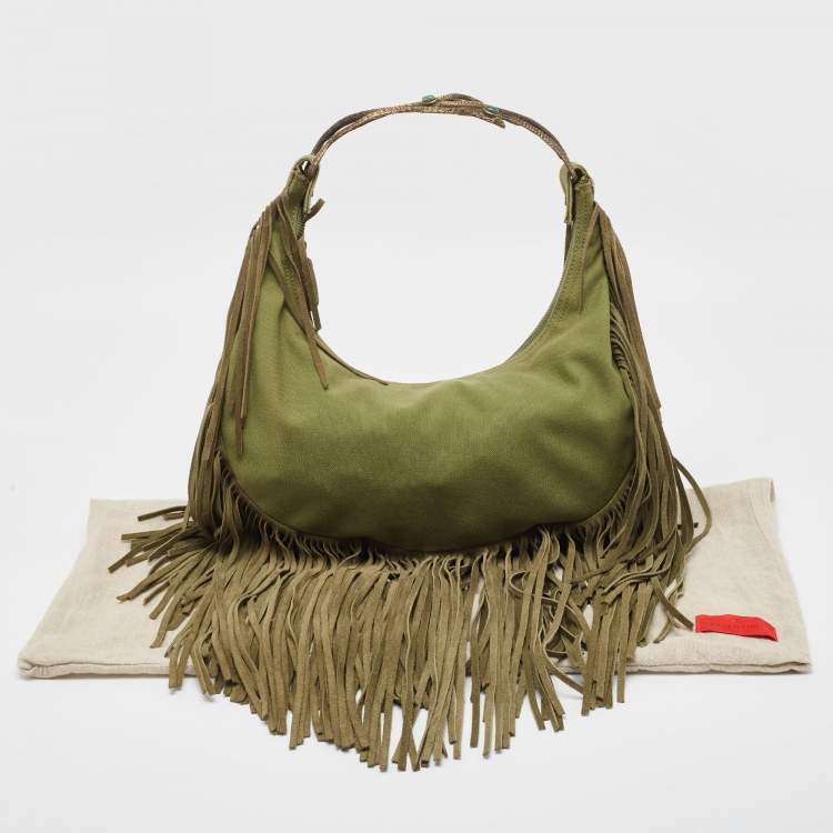 Pre Owned Valentino Military Green Canvas Fringe Hobo