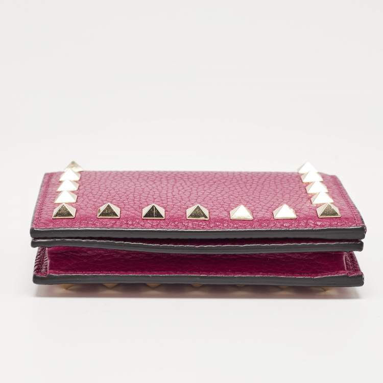 Pre Owned Valentino Magenta Leather Rockstud Flap Compact Wallet