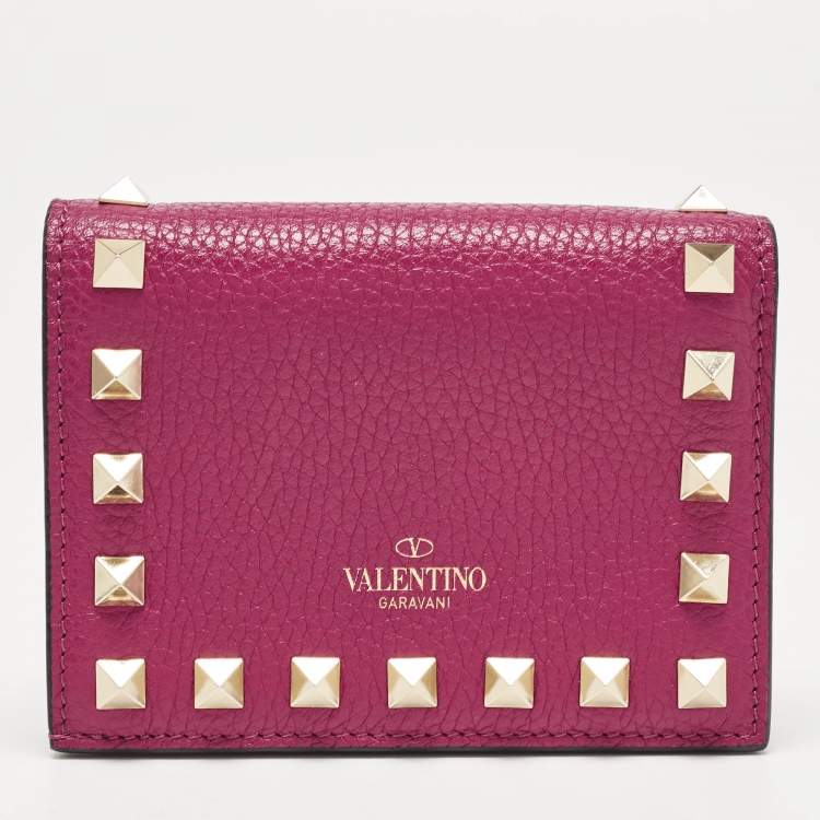 Pre Owned Valentino Magenta Leather Rockstud Flap Compact Wallet