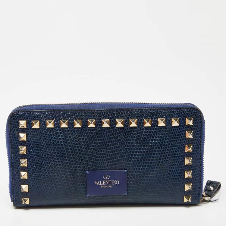 Pre Owned Valentino Blue Lizard Rockstud Zip Around Wallet