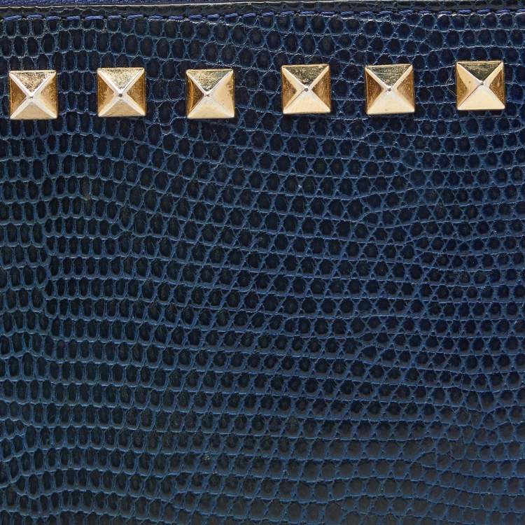 Pre Owned Valentino Blue Lizard Rockstud Zip Around Wallet