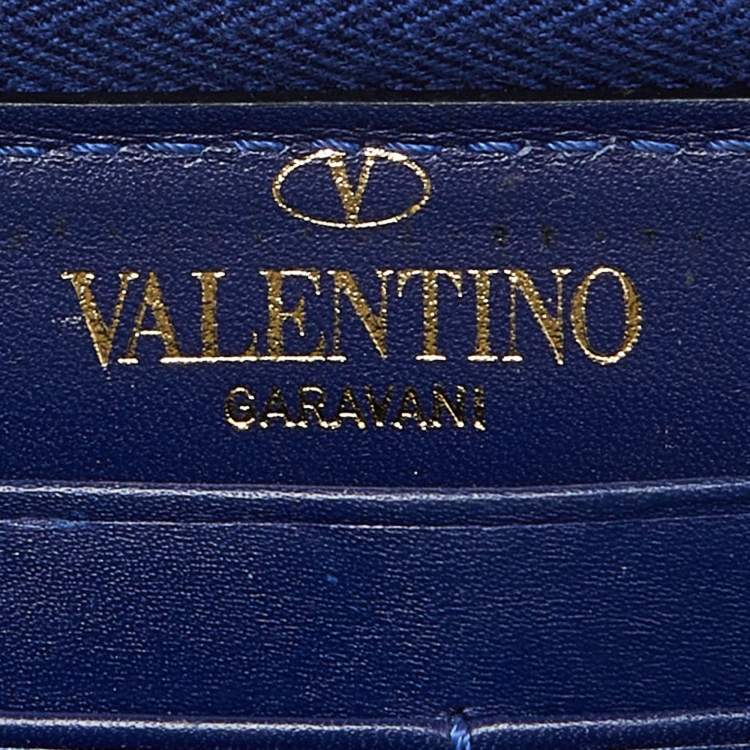 Pre Owned Valentino Blue Lizard Rockstud Zip Around Wallet
