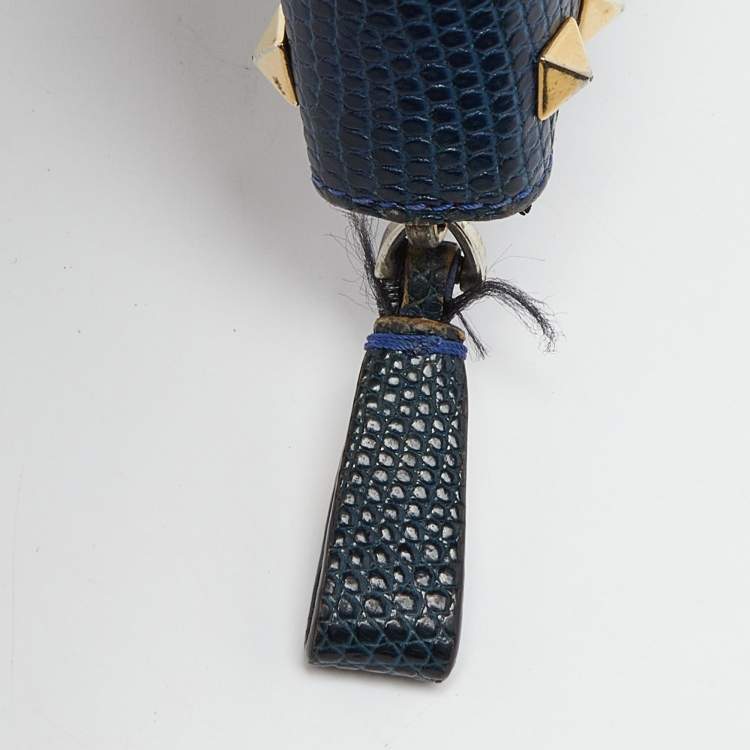 Pre Owned Valentino Blue Lizard Rockstud Zip Around Wallet