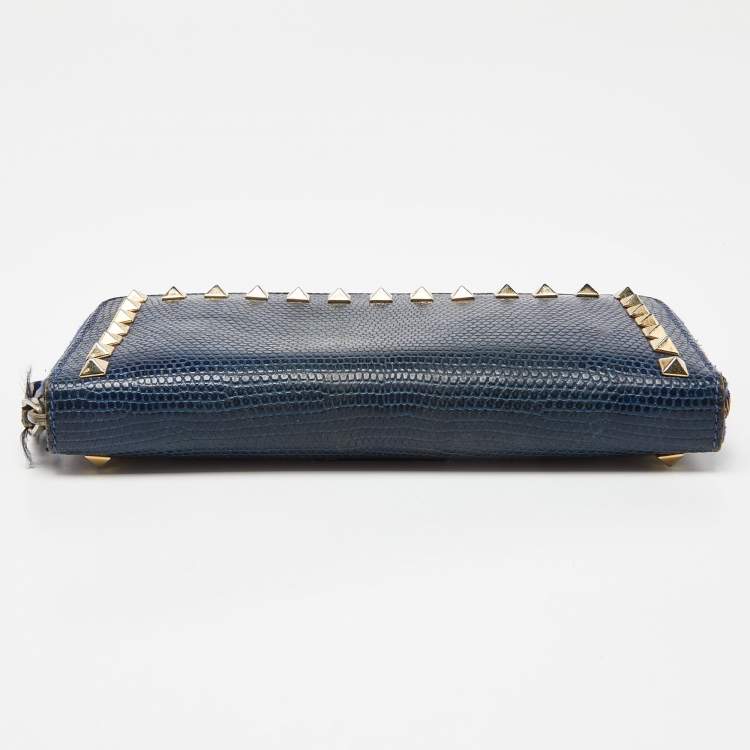 Pre Owned Valentino Blue Lizard Rockstud Zip Around Wallet