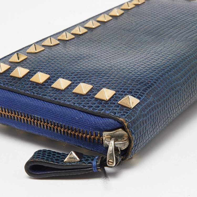 Pre Owned Valentino Blue Lizard Rockstud Zip Around Wallet