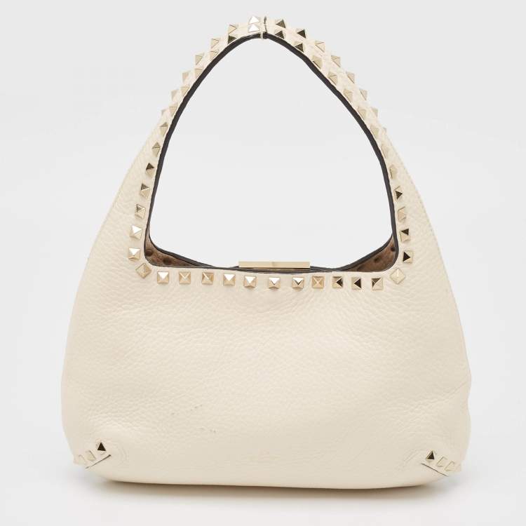 Pre Owned Valentino Off White Leather Small Rockstud Hobo