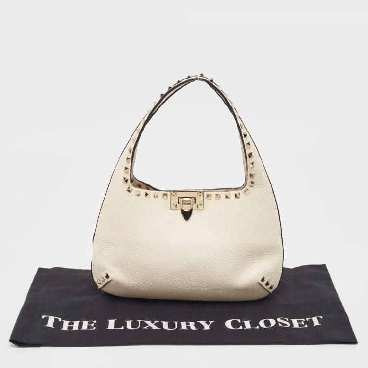 Pre Owned Valentino Off White Leather Small Rockstud Hobo