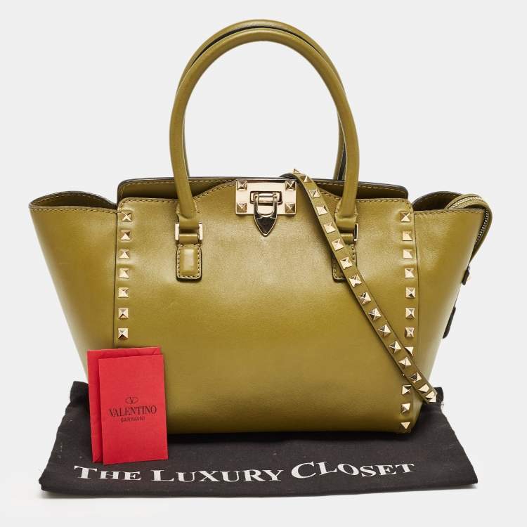 Pre Owned Valentino Olive Green Leather Small Rockstud Trapeze Tote
