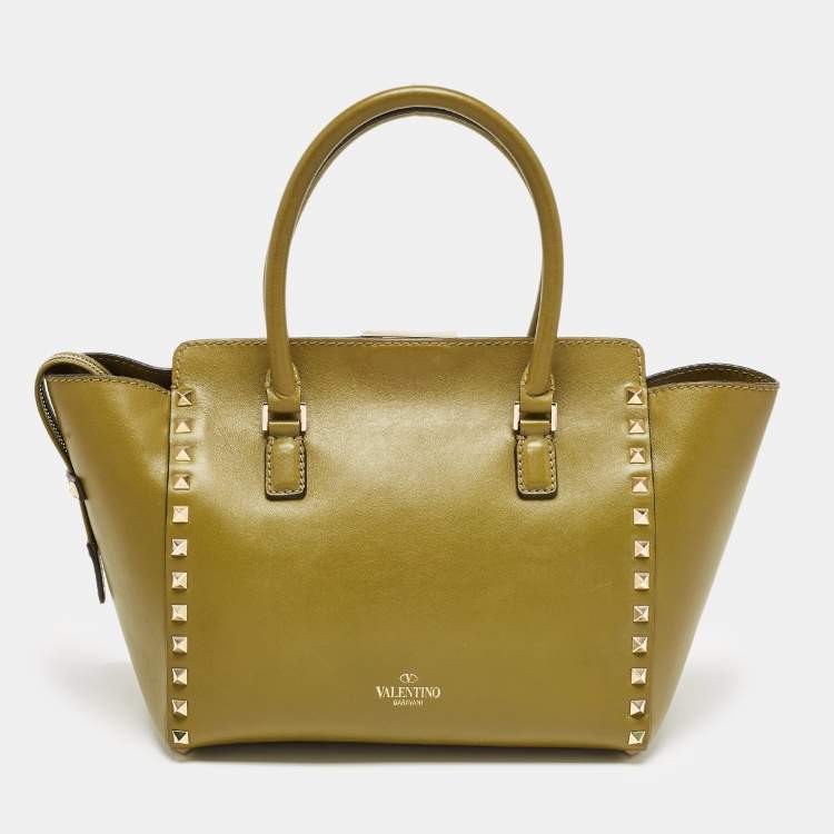 Pre Owned Valentino Olive Green Leather Small Rockstud Trapeze Tote