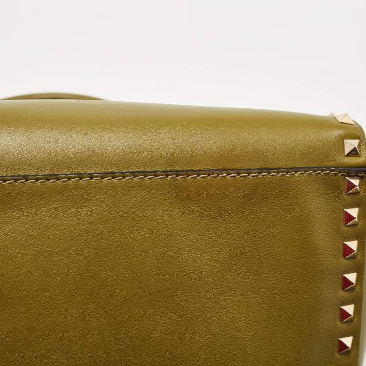 Pre Owned Valentino Olive Green Leather Small Rockstud Trapeze Tote