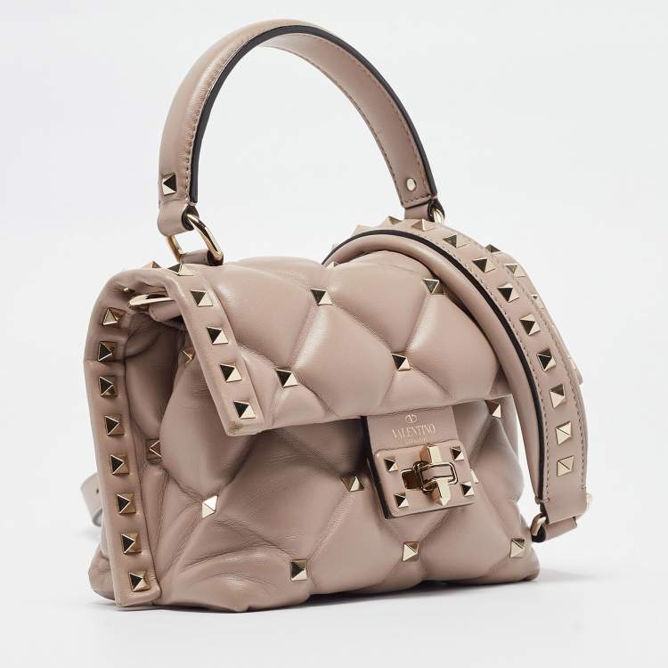 Pre Owned Valentino Old Rose Quilted Leather Mini Candystud Top Handle Bag