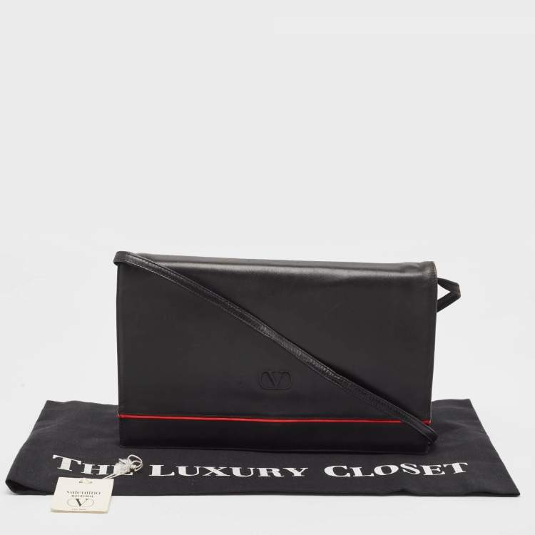 Pre Owned Valentino Black/Red Leather Logo Embossed Oversized Clutch Bag