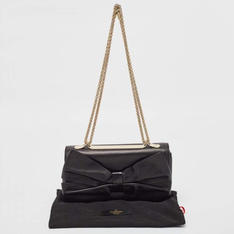 Pre Owned Valentino Black Leather Bow Flap Chain Clucth