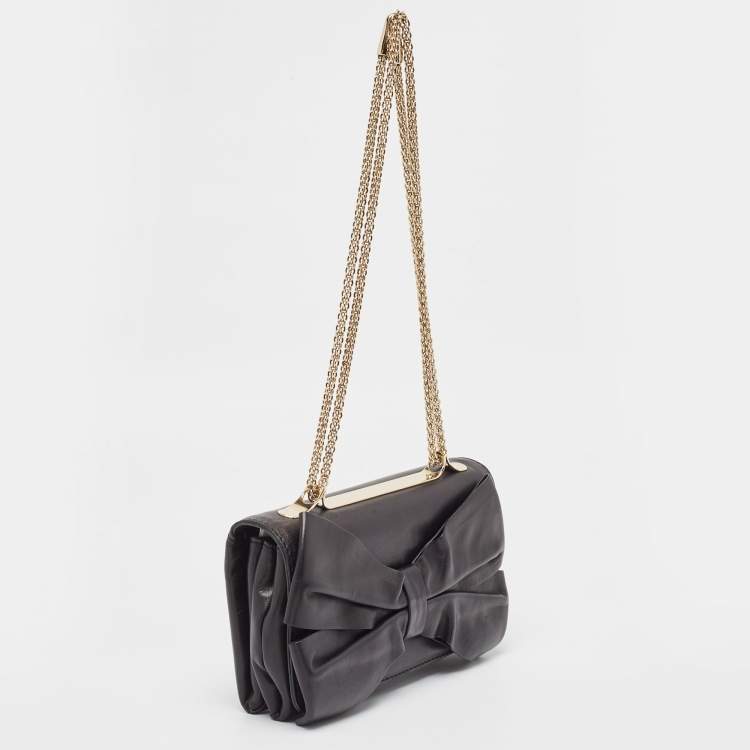 Pre Owned Valentino Black Leather Bow Flap Chain Clucth