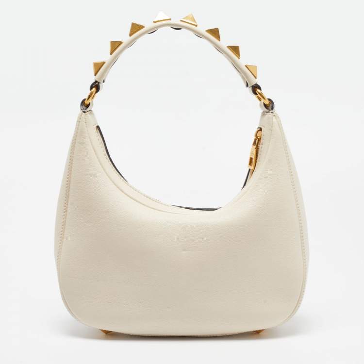 Pre Owned Valentino Off White Leather Stud Sign Hobo