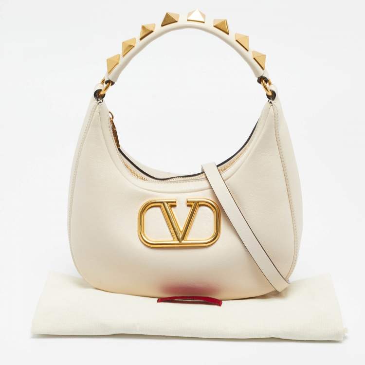 Pre Owned Valentino Off White Leather Stud Sign Hobo