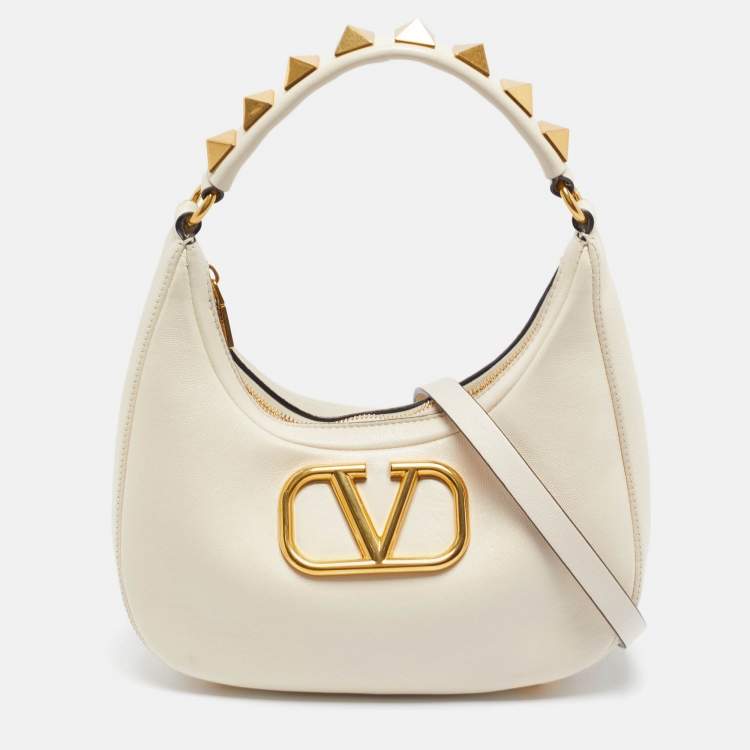 Pre Owned Valentino Off White Leather Stud Sign Hobo