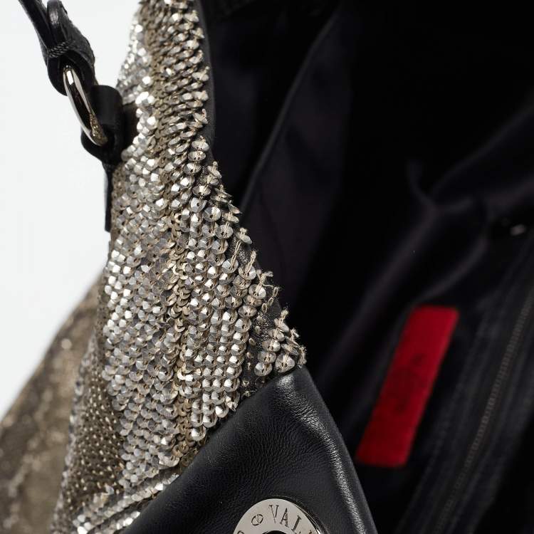 Pre Owned Valentino Black/Metallic Leather Sequins Floral Hobo