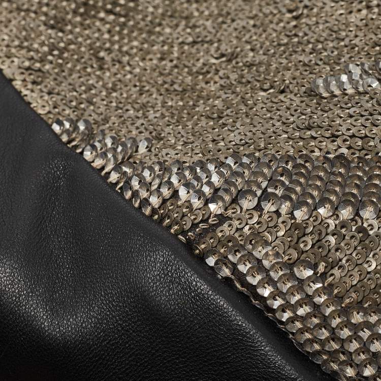 Pre Owned Valentino Black/Metallic Leather Sequins Floral Hobo