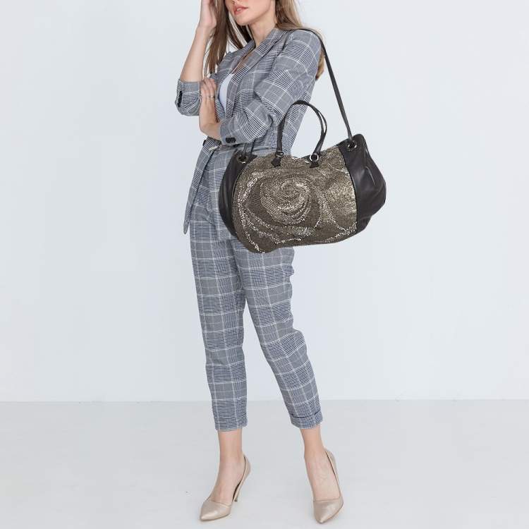 Pre Owned Valentino Black/Metallic Leather Sequins Floral Hobo
