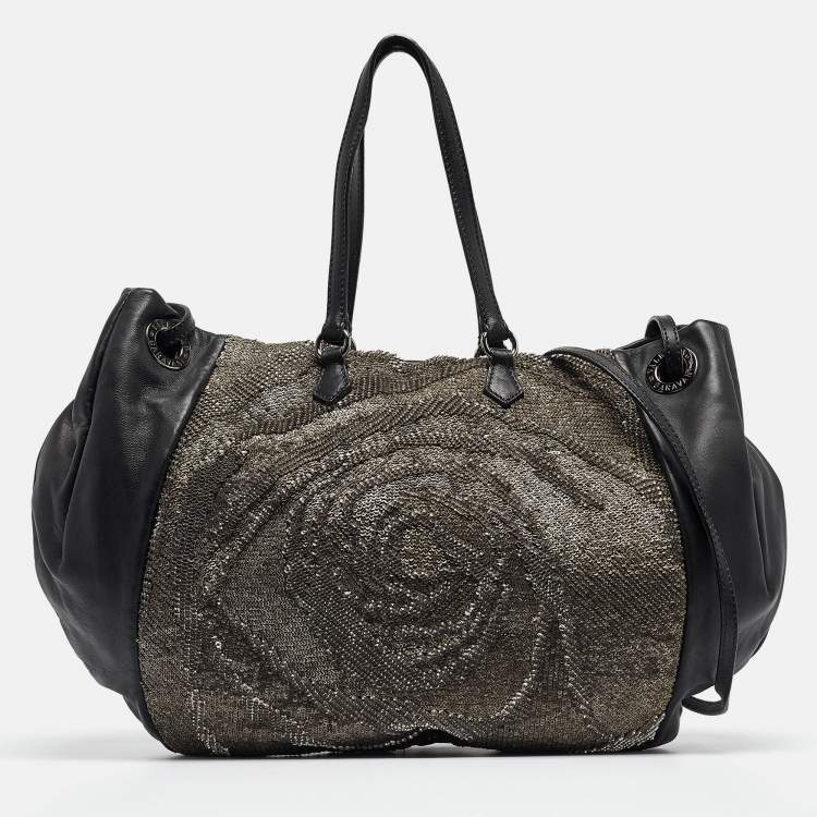 Pre Owned Valentino Black/Metallic Leather Sequins Floral Hobo