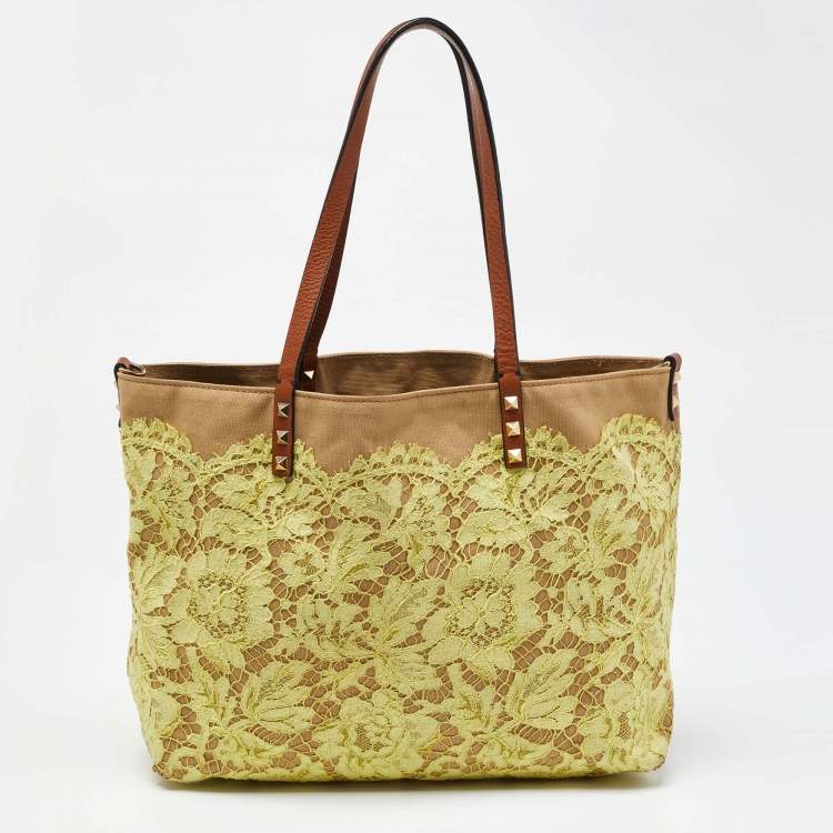 Pre Owned Valentino Tri Color Glamorous Lace, Canvas and Leather Reversible Tote