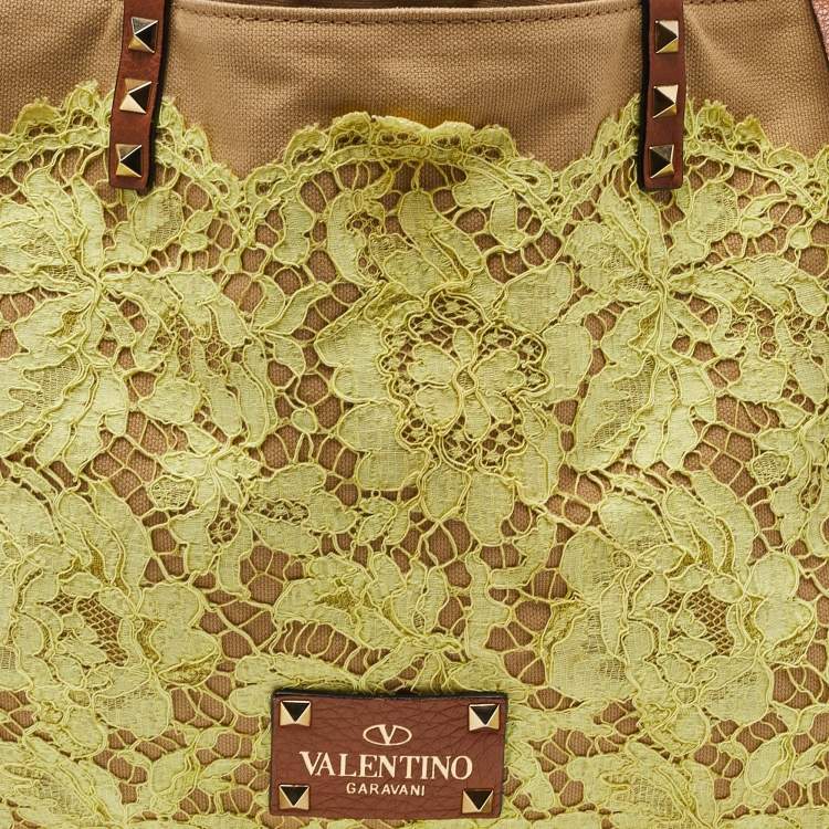 Pre Owned Valentino Tri Color Glamorous Lace, Canvas and Leather Reversible Tote
