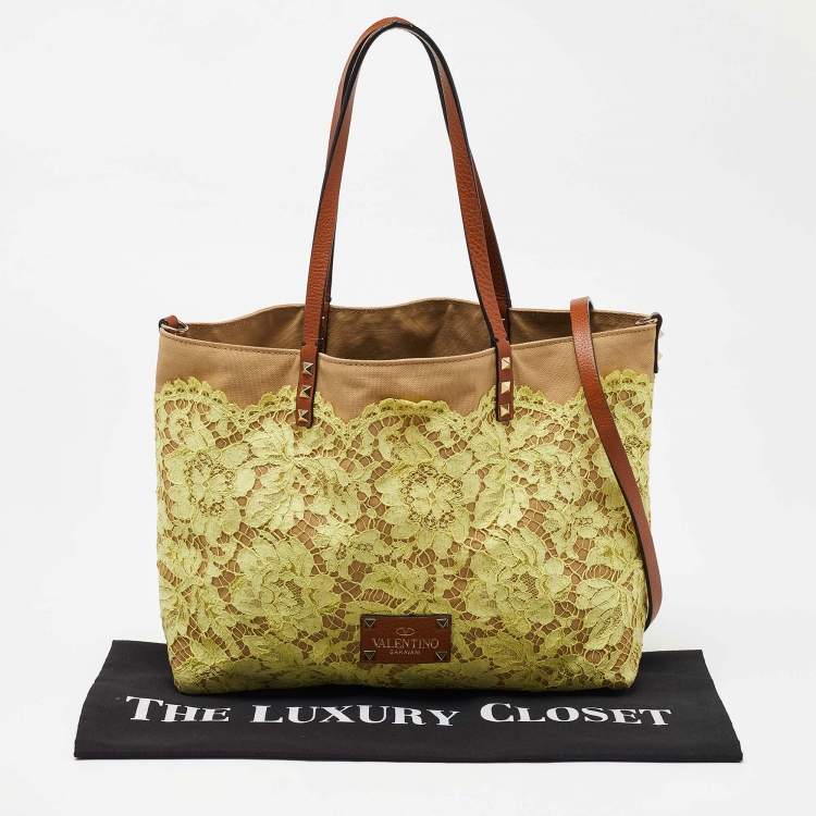 Pre Owned Valentino Tri Color Glamorous Lace, Canvas and Leather Reversible Tote